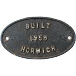 Worksplate BUILT HORWICH 1958 ex BR Diesel 08 originally numbered D3599 and later 08484 and named