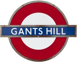 London Transport Underground enamel target/bullseye sign GANTS HILL with original bronze frame. In