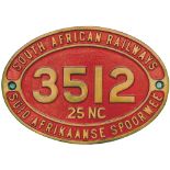 South African Railways brass cabside numberplate 3512 25NC ex 4-8-4 built by the North British