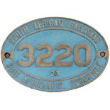 South African Railways aluminium cabside numberplate 3220 23 ex 4-8-2 built by Henschel and Son of