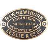 Worksplate R & W HAWTHORN, LESLIE & CO LTD ENGINEERS NEWCASTLE-ON-TYNE 3406 - 1920 ex Taff Vale