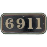 GWR brass cabside numberplate 6911 ex Holker Hall. See previous Lot for details. Face restored.