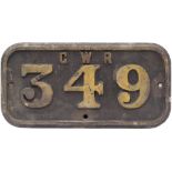 GWR cast iron cabside numberplate GWR 349 ex Taff Vale Railway Cameron Class A 0-6-2 T built by
