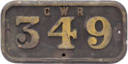 GWR cast iron cabside numberplate GWR 349 ex Taff Vale Railway Cameron Class A 0-6-2 T built by