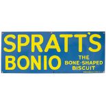 Advertising enamel sign SPRATT'S BONIO THE BONE-SHAPED BISCUIT. Measures 30in x 12in and is in