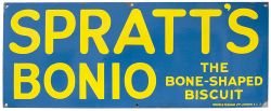 Advertising enamel sign SPRATT'S BONIO THE BONE-SHAPED BISCUIT. Measures 30in x 12in and is in