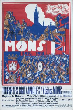 Poster BELGIAN TOURIST DEPARTMENT MONS 1914-1918 by Henri Leonard 1938. Measures 37in x 24.5in. In