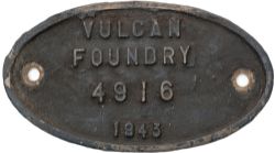 Worksplate LNER 9x5 VULCAN FOUNDRY 4916 1943 ex Riddles WD 2-8-0 numbered 77100, loaned to the