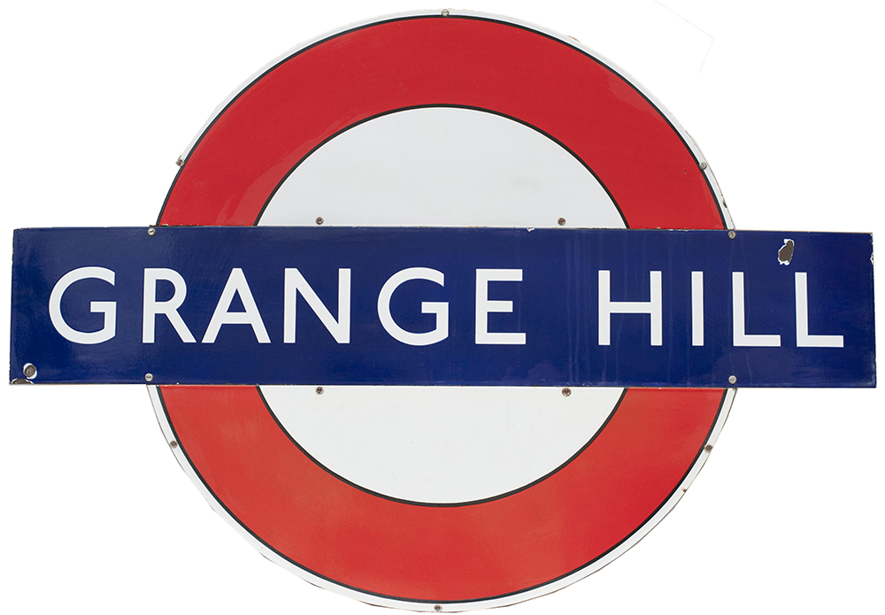 London Transport Underground enamel target/bullseye sign GRANGE HILL measuring 60in x 40.5in.