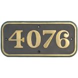 GWR brass cabside numberplate 4076 ex Collett Castle 4-6-0 built at Swindon in 1924 and named