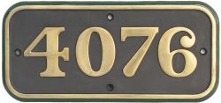 GWR brass cabside numberplate 4076 ex Collett Castle 4-6-0 built at Swindon in 1924 and named