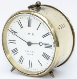GWR brass drum clock with original enamel dial GWR KAY & CO PARIS. Stamped 4302 on the case,