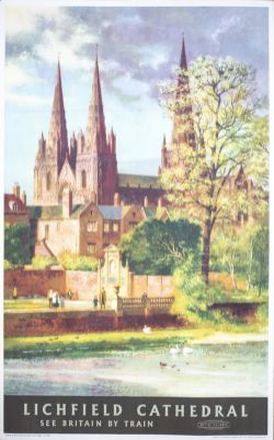 Poster BR(M) LICHFIELD CATHEDRAL SEE BRITAIN BY TRAIN by Greene. Double Royal 25in x 40in. In very