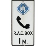 Motoring enamel sign R.A.C. BOX 1M. In very good condition with minor chipping. Measures 20in x