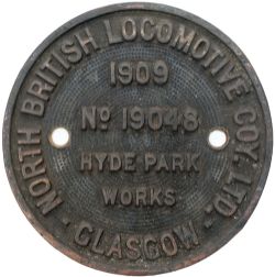 Worksplate NORTH BRITISH LOCOMOTIVE COY LTD GLASGOW HYDE PARK WORKS No 19048 1909 ex 0-4-0 ST