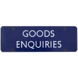 BR(E)/LNER enamel doorplate GOODS ENQUIRIES measuring 18in x 16in. In excellent condition.