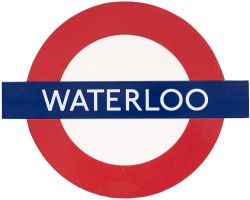 London Transport Underground target/bullseye enamel station sign WATERLOO. Mounted on wood for