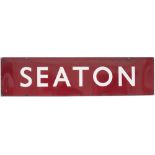 BR(M) enamel station running-in board SEATON from the former London & North Western Railway