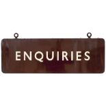BR(W) FF enamel sign ENQUIRIES. Double sided with original hanging brackets and lead beading,