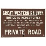 GWR cast iron sign GREAT WESTERN RAILWAY NOTICE IS HEREBY GIVEN THIS IS A PRIVATE ROAD. Measures