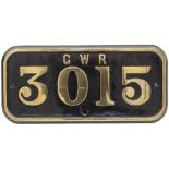 GWR brass cabside numberplate GWR 3015 ex Robinson Rod 2-8-0 built by North British Locomotive