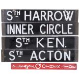 London Underground destination enamel sign; STH HARROW - INNER CIRCLE, STH KEN - ST ACTON, and