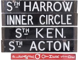 London Underground destination enamel sign; STH HARROW - INNER CIRCLE, STH KEN - ST ACTON, and