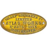 Worksplate SHARP STEWART & CO LIMITED ATLAS WORKS MANCHESTER No 2298 1873 ex Metre Gauge 0-4-0 ST