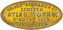 Worksplate SHARP STEWART & CO LIMITED ATLAS WORKS MANCHESTER No 2298 1873 ex Metre Gauge 0-4-0 ST