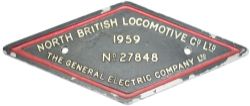 Diesel worksplate NORTH BRITISH LOCOMOTIVE CO LTD THE GENERAL ELECTRIC COMPANY LTD No 27848 1959