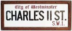 Motoring road sign CITY OF WESTMINSTER CHARLES II STREET. An original pre-war sign with teak frame