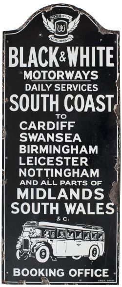 Motoring bus enamel sign BLACK & WHITE MOTORWAYS BOOKING OFFICE. DAILY SERVICES SOUTH COAST TO