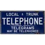 Advertising double sided enamel sign LOCAL & TRUNK TELEPHONE TELEGRAMS MAY BE TELEPHONED. Measures