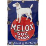 Advertising enamel sign MELOX DOG FOODS THE FINEST IN THE WORLD. Measures 26in x 18in and is in good