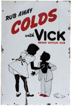 Advertising enamel sign RUB AWAY COLDS WITH VICK VAPOUR-RUB. In good condition with some chipping,