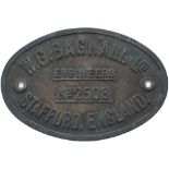 Worksplate W. G. BAGNALL LTD ENGINEERS STAFFORD ENGLAND No 2508 ex 0-6-0 ST named Amington No3.