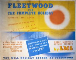 Poster LMS FLEETWOOD FOR THE COMPLETE HOLIDAY SUNSHINE SEA SANDS. Quad Royal 50in x 40in. In good
