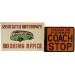 Motoring bus signs x2 consisting of: Associated Motorways Booking Office double sided sign, screen