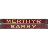 GWR/BR(W) carriage board BARRY - MERTHYR. Wood complete with metal ends. Measures 32in x 3.25in