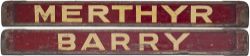 GWR/BR(W) carriage board BARRY - MERTHYR. Wood complete with metal ends. Measures 32in x 3.25in