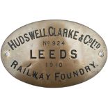 Worksplate HUDSWELL, CLARKE & CO LTD RAILWAY FOUNDRY LEEDS No924 1910 ex Burry Port & Gwendraeth