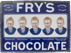 Advertising enamel sign FRY'S CHOCOLATE depicting the famous 5 boys in colour. A few areas of