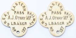 GREAT EASTERN RAILWAY PASS No137 issued to A. J. OTWAY MP LB&SCR. Measures 1.25in x 1.25in and is in