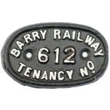 Barry Railway Tenancy House numberplate No 612. These were used on the Barry Railway tied houses.