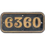GWR cast iron cabside numberplate 6360 ex Churchward 2-6-0 built at Swindon in 1923. Allocated to