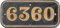 GWR cast iron cabside numberplate 6360 ex Churchward 2-6-0 built at Swindon in 1923. Allocated to