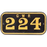 GWR cast iron cabside numberplate GWR 224 ex Barry Railway 0-6-2 T built by Sharp Stewart in 1890 as