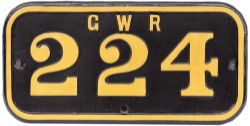 GWR cast iron cabside numberplate GWR 224 ex Barry Railway 0-6-2 T built by Sharp Stewart in 1890 as