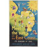 Poster LNER MEET THE SUN ON THE EAST COAST IT'S QUICKER BY RAIL by Bossfield. Images of sports