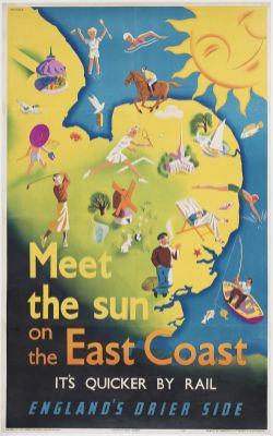 Poster LNER MEET THE SUN ON THE EAST COAST IT'S QUICKER BY RAIL by Bossfield. Images of sports